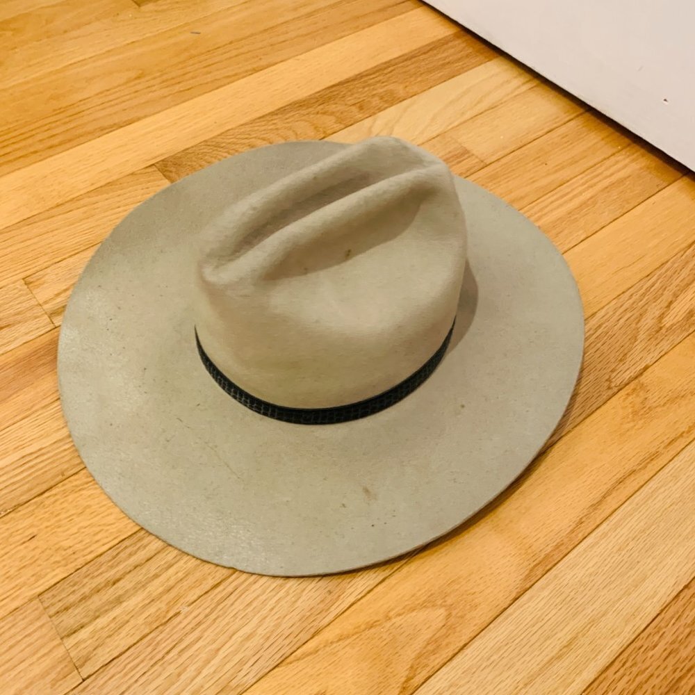Cowboy Hat Mens Vintage Felted Wool Grey Flat Brimmed Quarter Horse